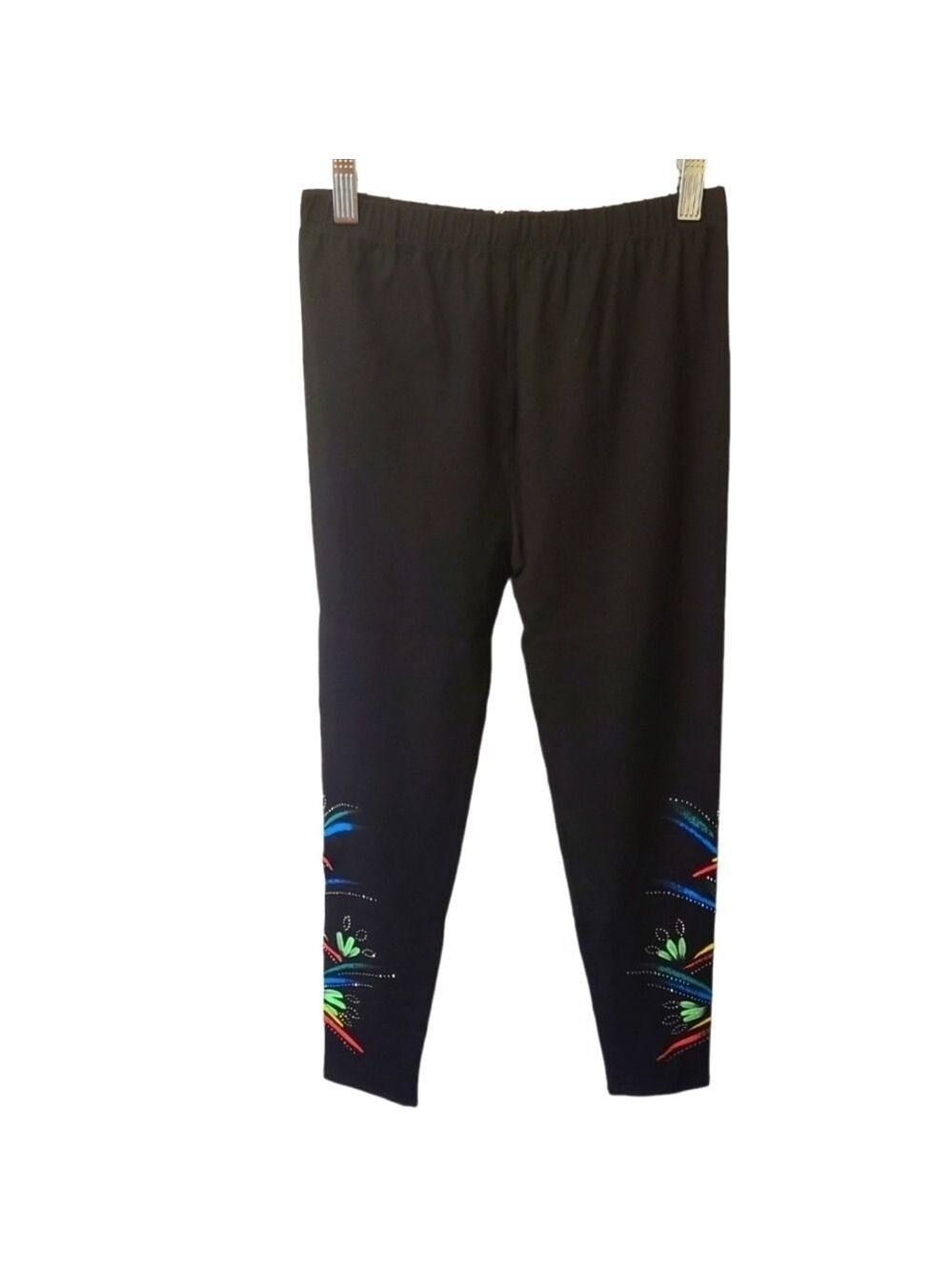 TODAY'S DESIGNER Black Leggings With Floral & Rhinestone Design Size Medium NWT